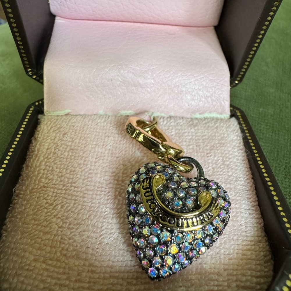 Juicy Couture Gold Heart Purse Bag Charm Multicolor Aurora Borealis AB Crystals